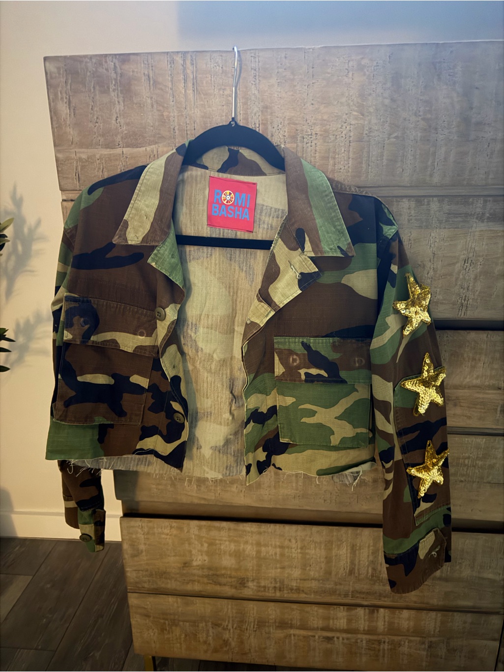 Green Camo Utility Jacket With Gold Star Accents